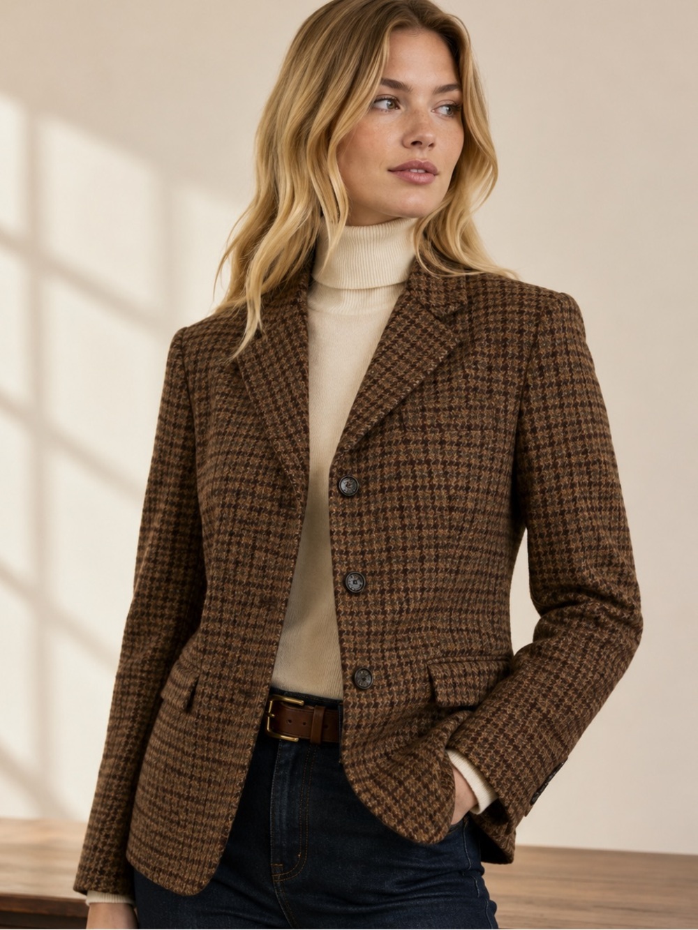 NWT Chaps Wool Houndstooth Blazer Brown Plaid Tailored Jacket Size 4